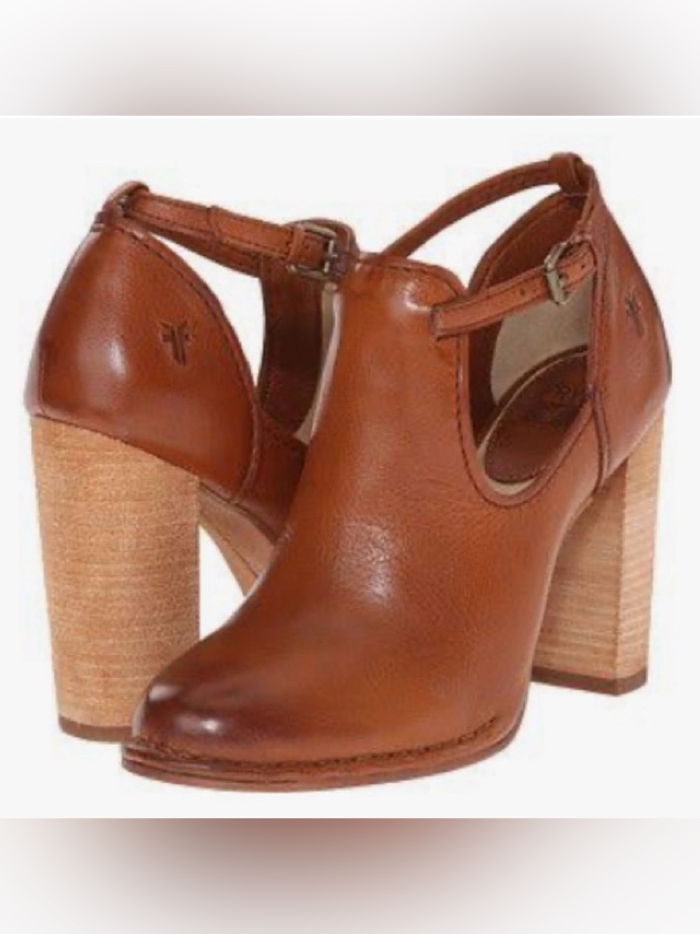 Frye Tan Leather Cutout Ankle Bootie with Stacked Heel